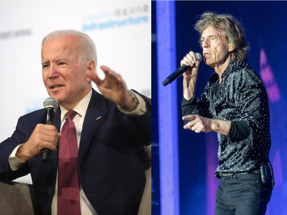 A wrinkled white man with long hair in a stylish shirt holds a microphone in one photo. In the other photo, a white man with short white hair wearing a dark suit, white shirt and red tie is seated holding a microphone.