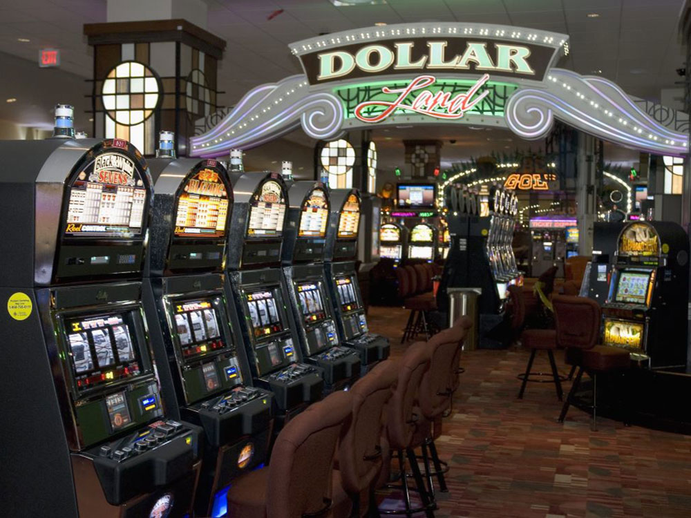 A row of slot machines and chairs stand on a rust-coloured with an overhead sign that says &ldquo;Dollar Land.&rdquo;