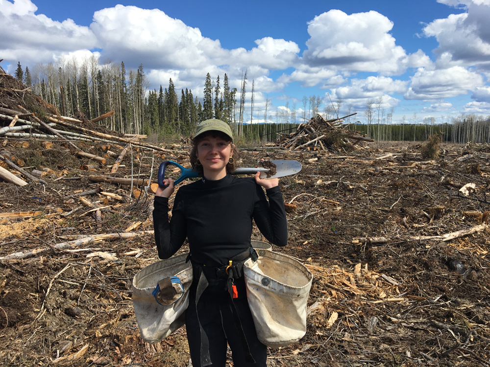 A young woman wears a black long-sleeved shirt, black pants, a green ball cap and a belt affixed with bags to carry tree seedlings. She holds a small shovel on her shoulders and stands on a cutblock.