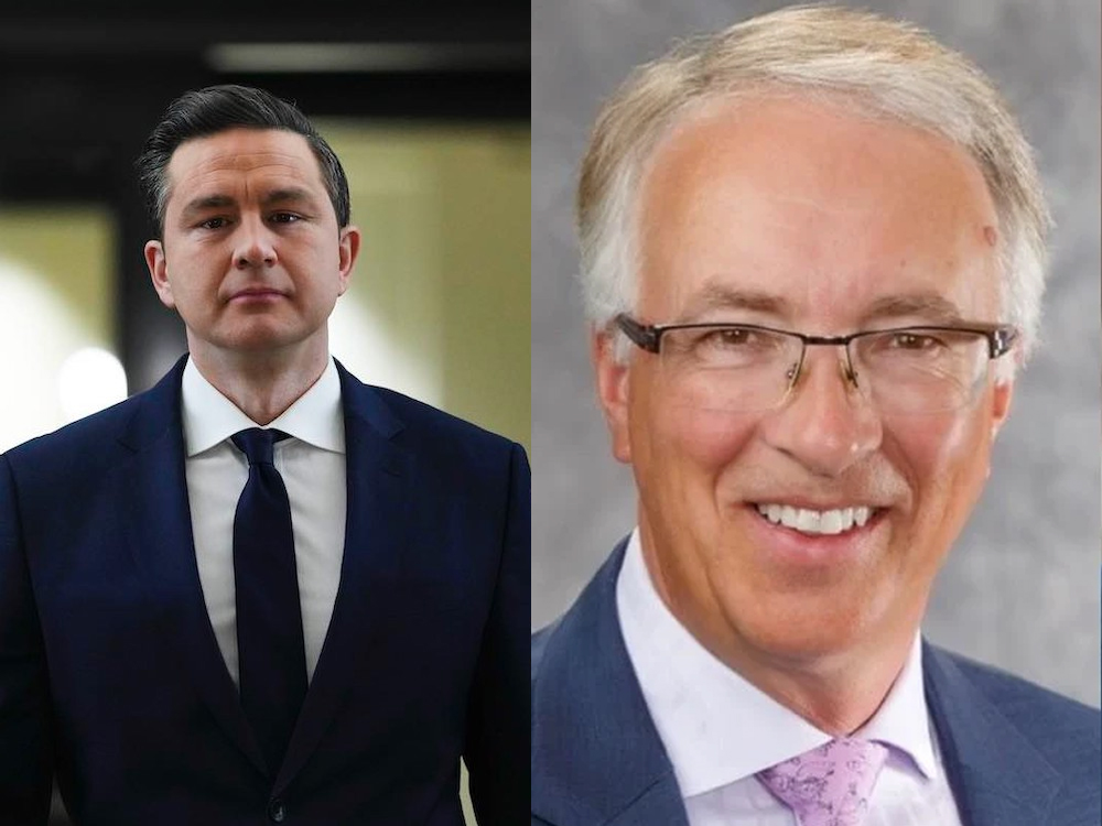 ID: On the left, a photo of Pierre Polievre. On the right, a photo of John Rustad.