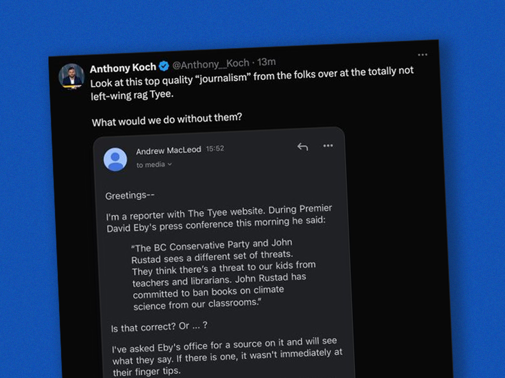 A screen grab shows the BC Conservatives’ disparaging response to a Tyee question.