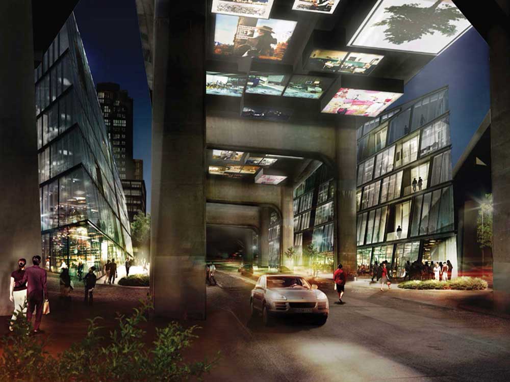 A drawing shows a vibrant urban space, with people strolling, plants and elaborate video display on the underside of a bridge.
