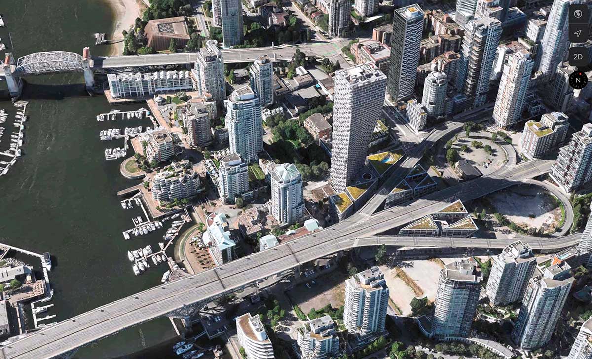 An aerial photo of the Granville Street Bridge and adjacent buildings.