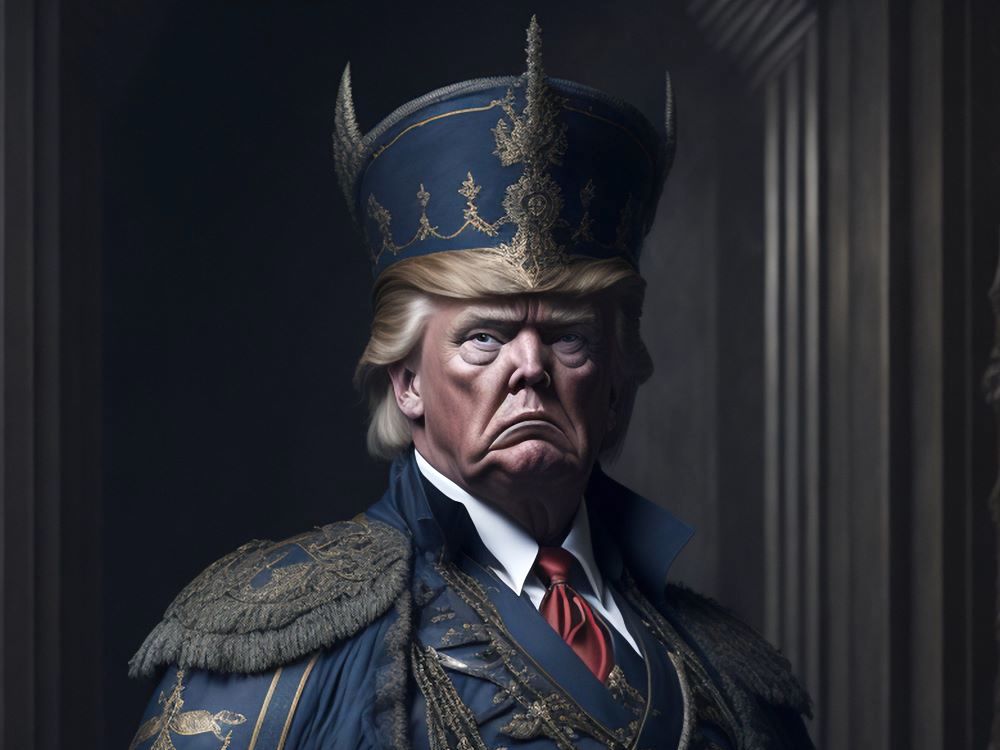 An illustration shows a caricature of Donald Trump wearing an ornate military uniform including a tall hat.