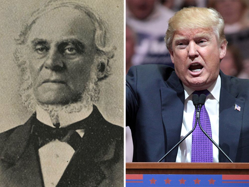 Two photos. The first is an old photograph of James Douglas, BC's first governor, with fair and balding head of hair and beard, dressed smartly in a suit and necktie. The second is of US President Donald Trump speaking into a microphone at a campaign rally, wearing a dark suit and a purple tie.