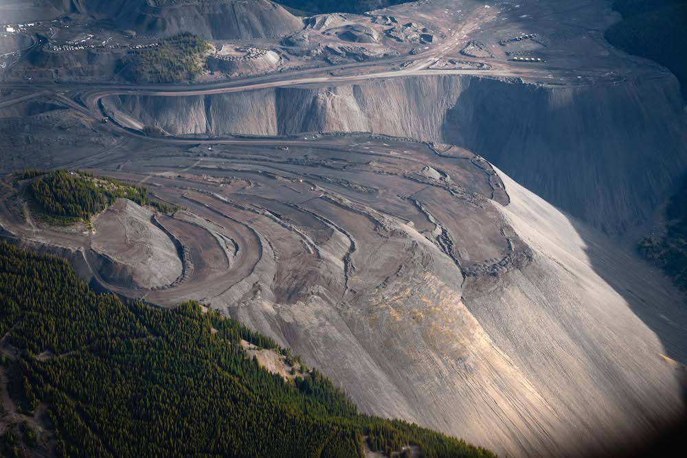 An aerial view of the open-pit mining underway in Elk Valley, B.C. on the west side of the Rockies. 