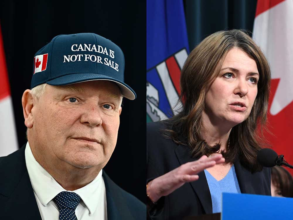 Two photos are side by side. On the left, A 50-ish light-skinned man wears a suit and a blue hat that says &lsquo;Canada is not for sale.&rsquo; On the right, a 50-ish light-skinned woman with shoulder length dark hair stands at a podium.