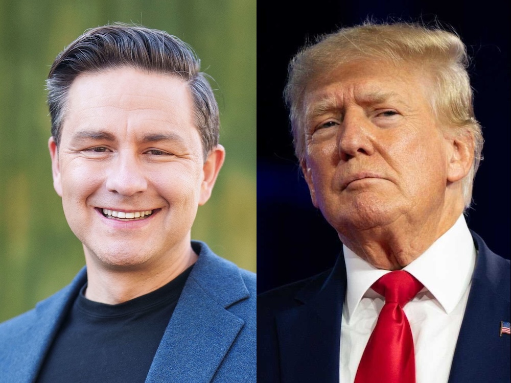 Two photos: On the left, Pierre Poilievre, a mid-40s man with dark hair, a black T-shirt and blue sports jacket. On the right, Donald Trump in a suit and red tie.