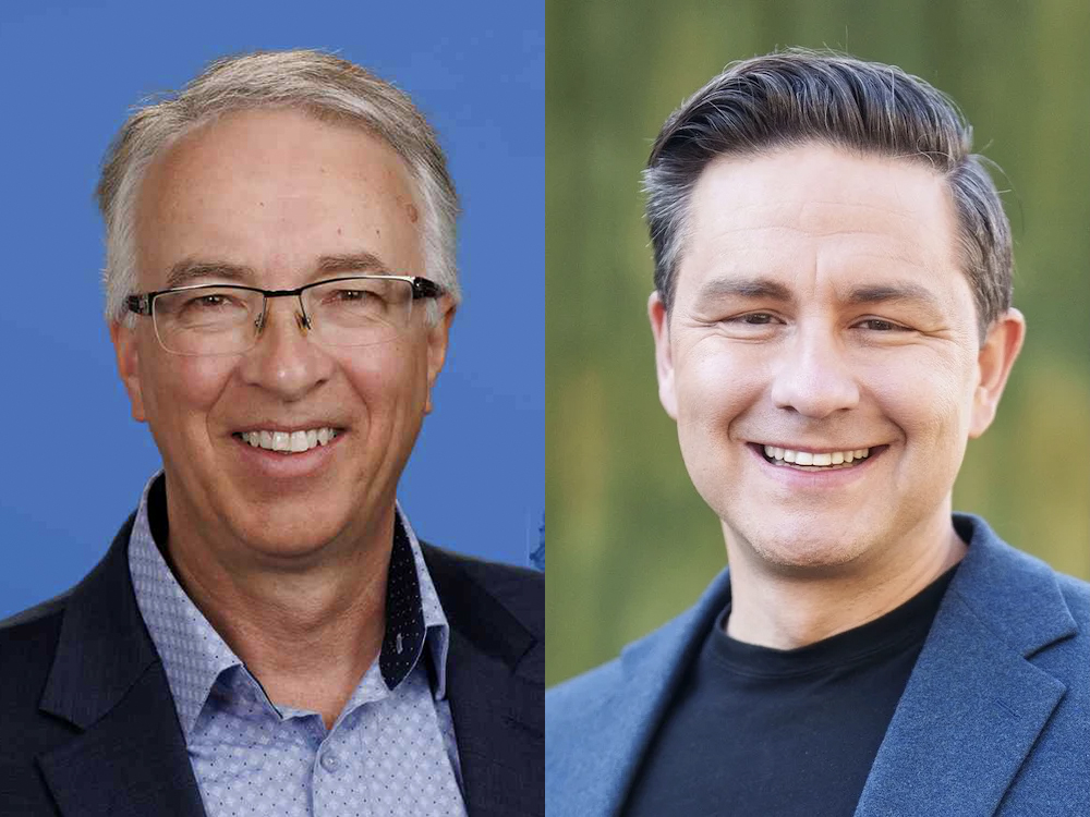 A diptych shows John Rustad on the left and Pierre Poilievre on the right.