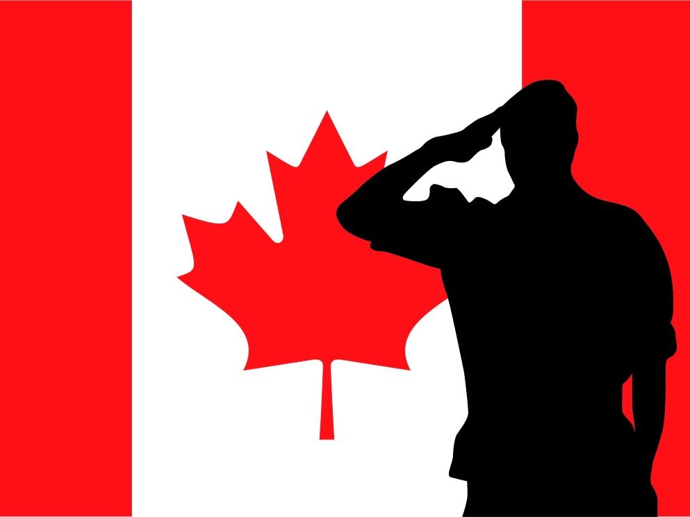 An illustration shows the silhouette of someone in uniform saluting in front of the Canadian flag.