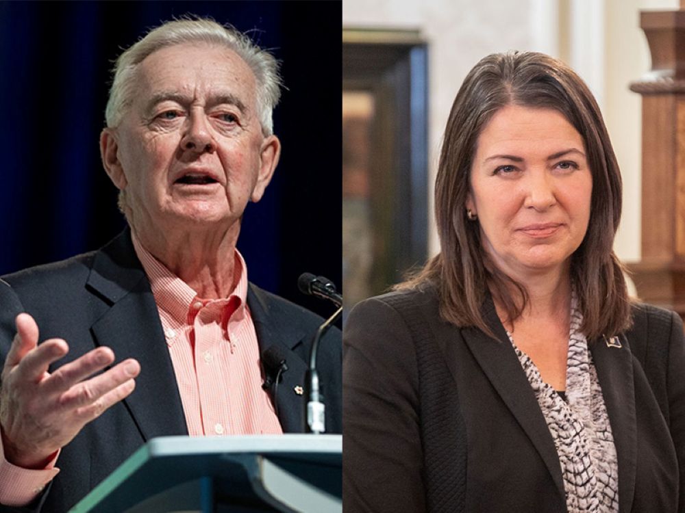 Two photos. On the left, Preston Manning, an 82-year-old light-skinned man. On the right, Danielle Smith, a 54-year-old light-skinned woman.
