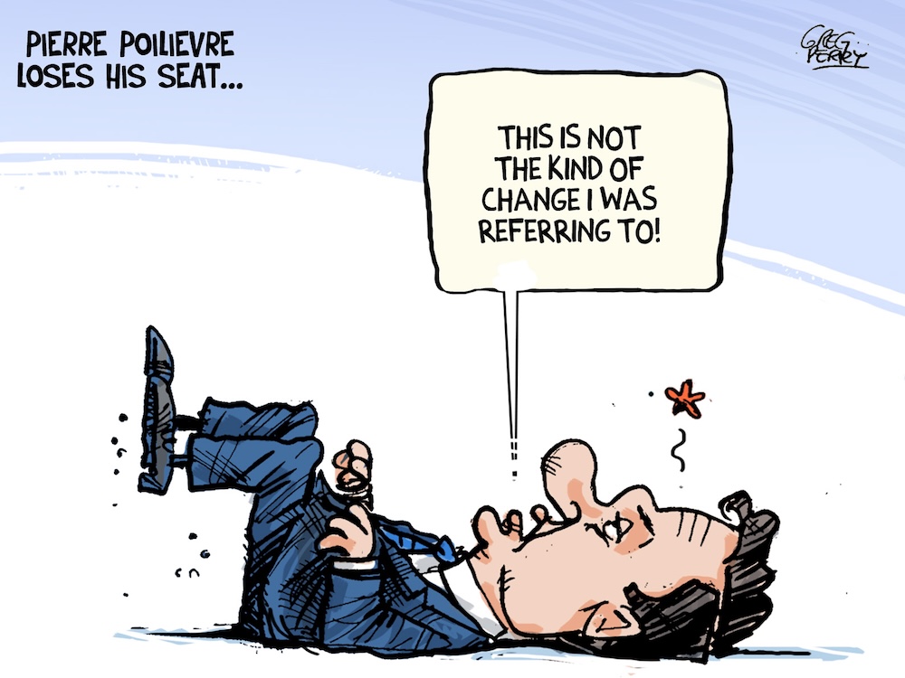 A political cartoon, with a caption that reads "Pierre Poilievre loses his seat," shoes a stunned Poilievre lying on his back, saying, "This is not what I was referring to!"