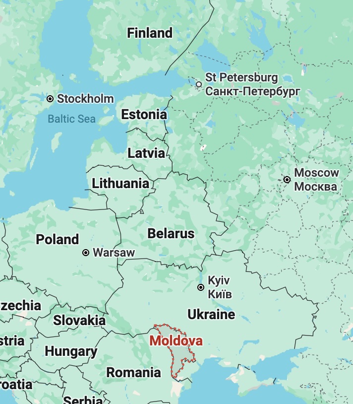 A digital map of eastern Europe depicts land masses in green and waterways in blue. Moldova, a small country near the bottom of the frame, is outlined in red.