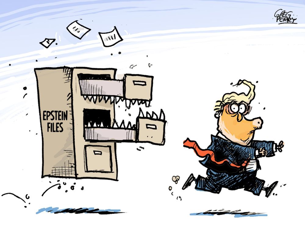 A cartoon shows a filing cabinet labelled &lsquo;Epstein files.&rsquo; The drawers are open and appear to have teeth. Donald Trump is running away from it.