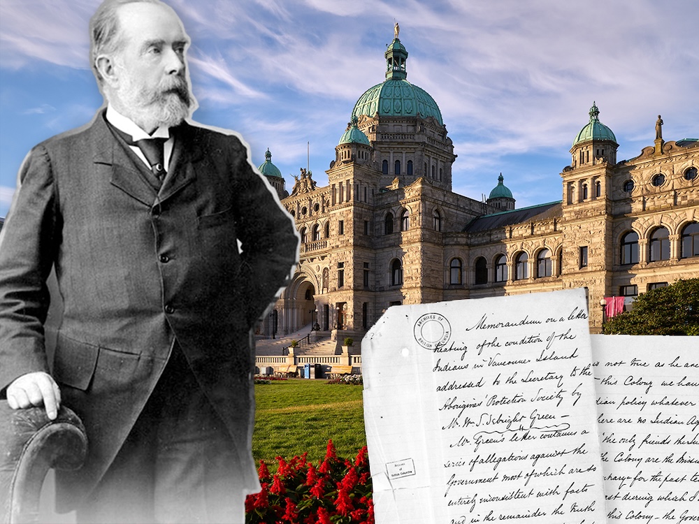 A collage shows Joseph Trutch to the left and his archival correspondence to the right. In the background, the provincial legislature in Victoria.