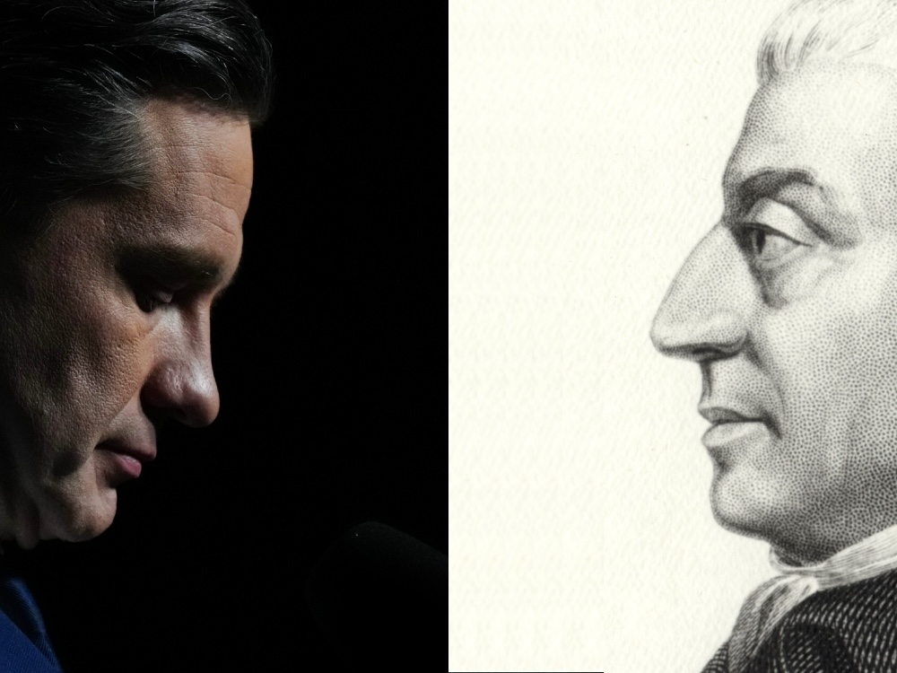 On the left, a light-skinned man wearing a suit is seen in profile, looking down, seemingly in contemplation. On the right, an engraving of a prototypical wig-wearing 18th-century Scottish gentleman.
