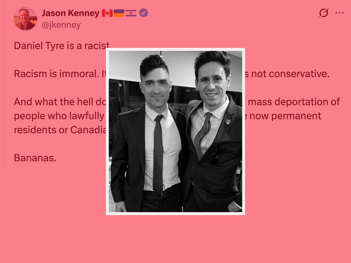Two young men wearing suits in a black and white photo. A social media post from former Alberta premier Jason Kenney can be seen in the background, reading &lsquo;Daniel Tyre is a racist. Racism is immoral.&rsquo;