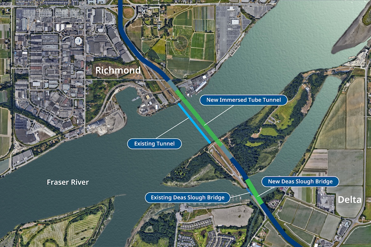 A map shows an overhead view of the Massey Tunnel replacement, which passes under the Fraser River.