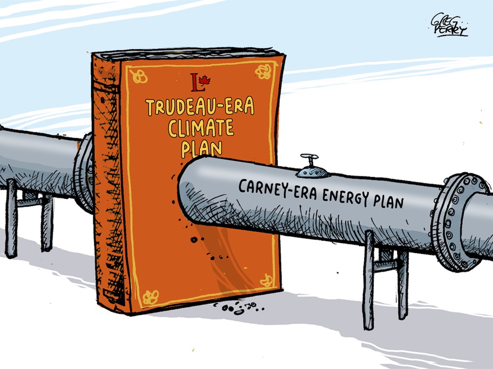 A silver pipeline labelled &lsquo;Carney&rsquo;s climate plan&rsquo; goes through a brown book labelled &lsquo;Trudeau&rsquo;s climate plan.&rsquo;