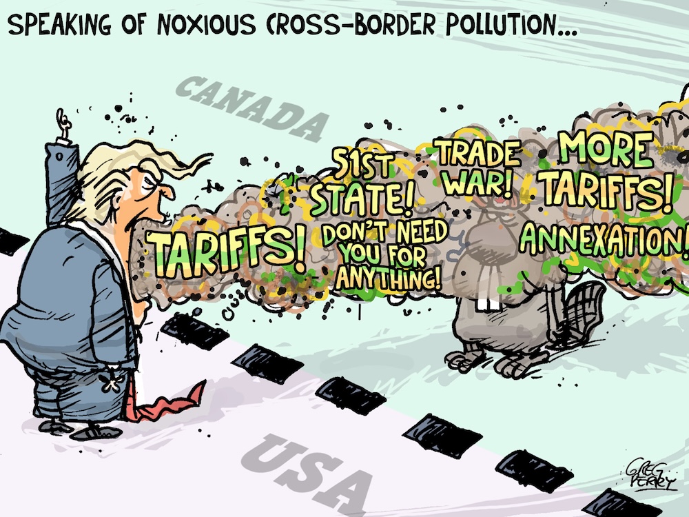 A drawing shows a caricature of Donald Trump standing on one side of a border. In front of him are fumes and words like &lsquo;51st state,&rsquo; &lsquo;tariffs,&rsquo; and &lsquo;trade war&rsquo; directed at a beaver hidden by the smoke.