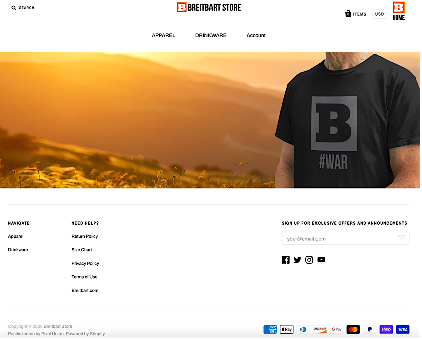 A screenshot shows the Breitbart online store page with the words &lsquo;Powered by Shopify&rsquo; in the bottom left-hand corner.
