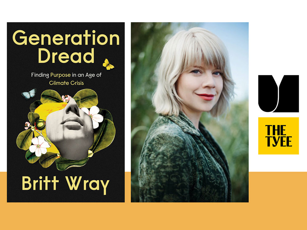 Headshot of author Britt Wray looking over her shoulder at the camera. She is in her 30s or 40s, has a platinum blond bob and is wearing a green velvet blazer.