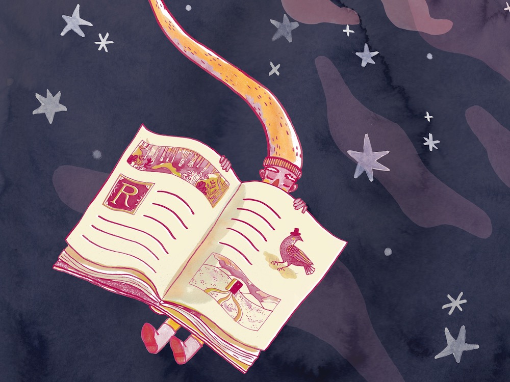 An illustration of a character with a long, wispy hat floats through a starry watercolour background, sleeping. They are holding a book like a blanket.