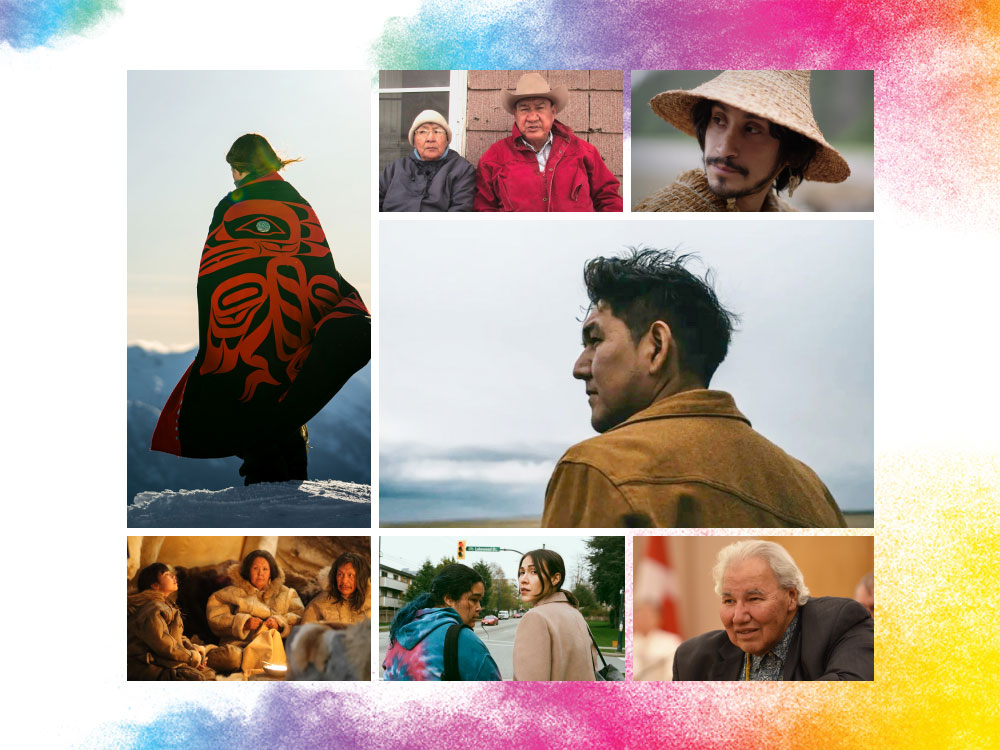 A collage with images of people from various Indigenous-made films over a rainbow spraypaint background.
