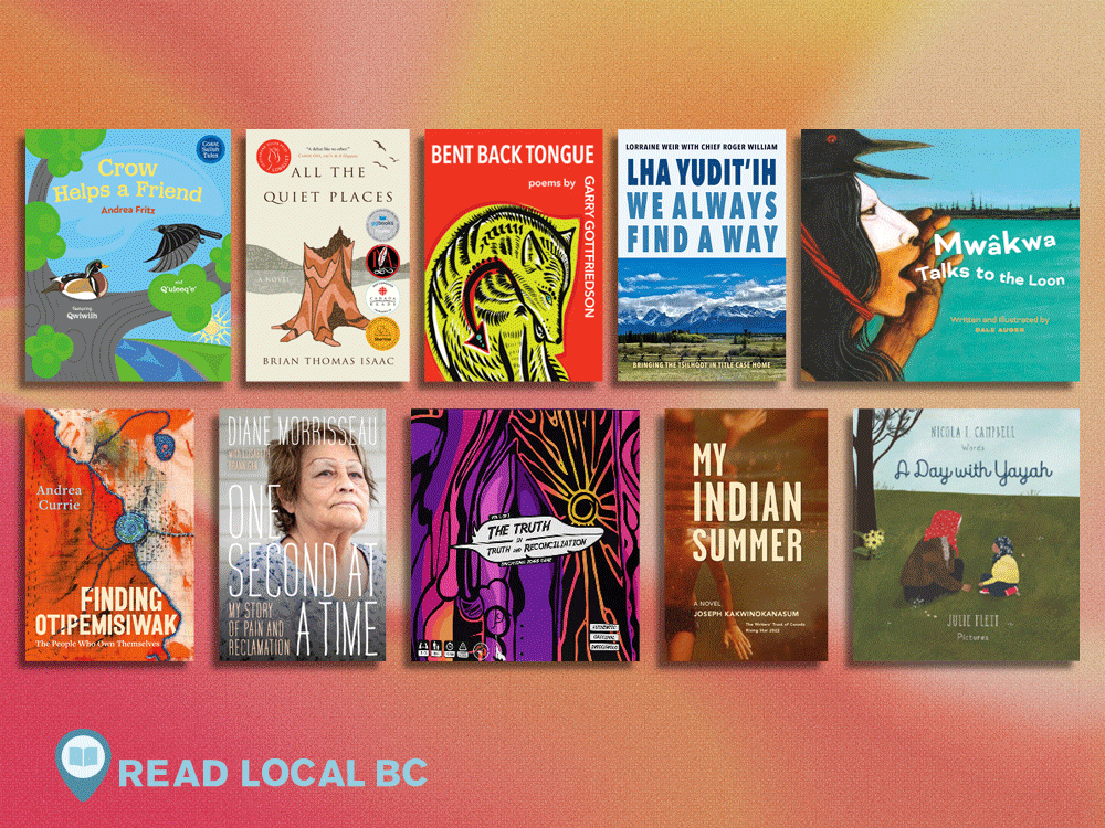Ten book covers against a multicoloured background of earthen tones.