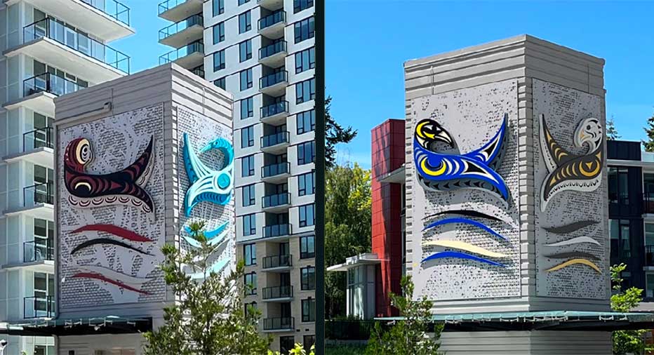 Two photos side by side showing a piece of public art: a cement pillar with renditions of animals on each plane.