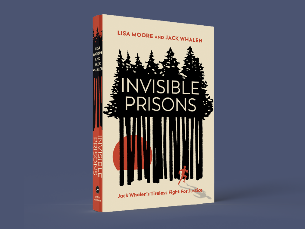 A book cover reads ‘Invisible Prisons’ atop a cartoon silhouette of tall, dark trees. The book is placed at an angle on a blue-purple background.