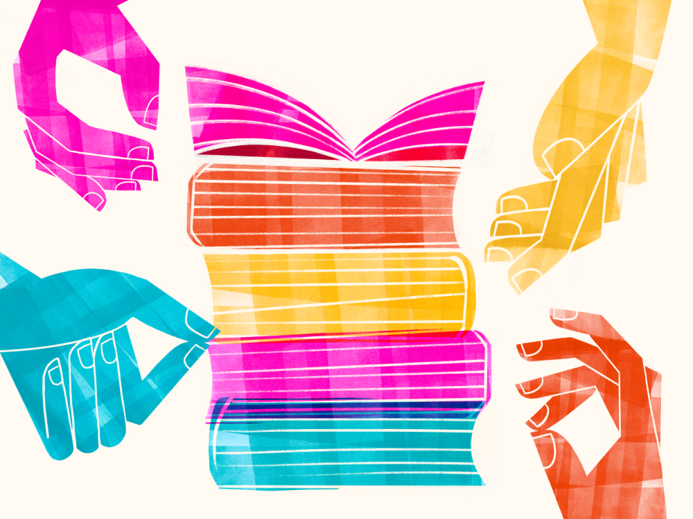 Four hands in blue, magenta, yellow and red reach for a stack of colourful books.