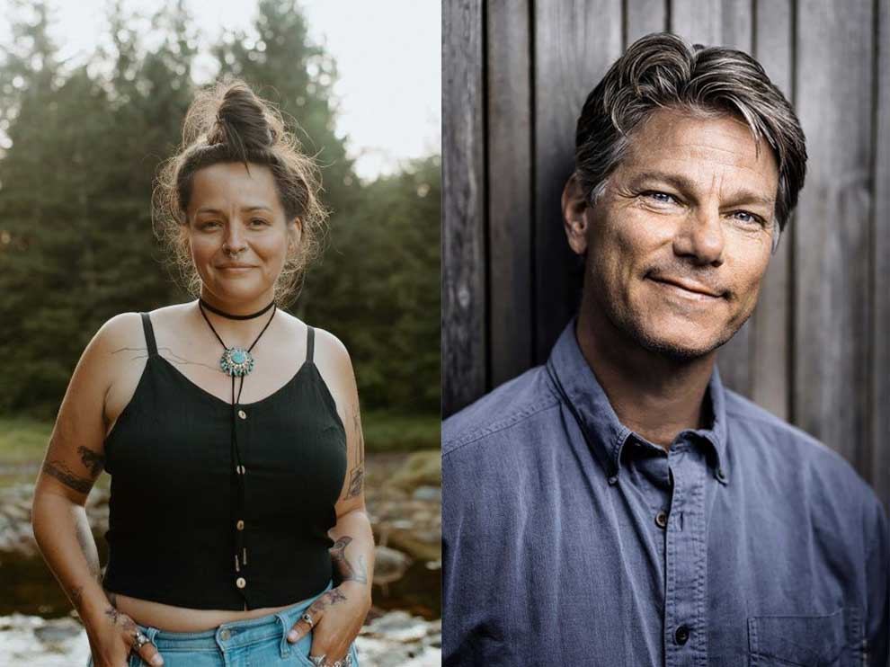 Two headshots side by side: 'Cúagilákv Jess Housty stands in front of the camera with a backdrop of trees with their hair in a bun and hands in their pockets. John Vaillant wears a blue collared shirt and smiles into the camera against a wooden-plank background.