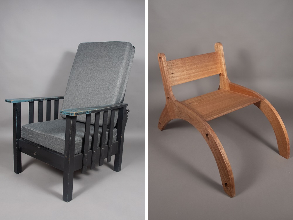On the left, a dark slatted chair with a grey cushion. On the right, a chair made of light wood, with curved legs and a bare seat.