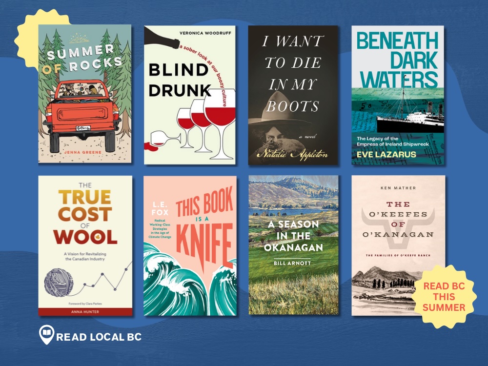 Eight book covers against a multicoloured background of blue tones with a sticker that says, ‘Read BC this summer.’