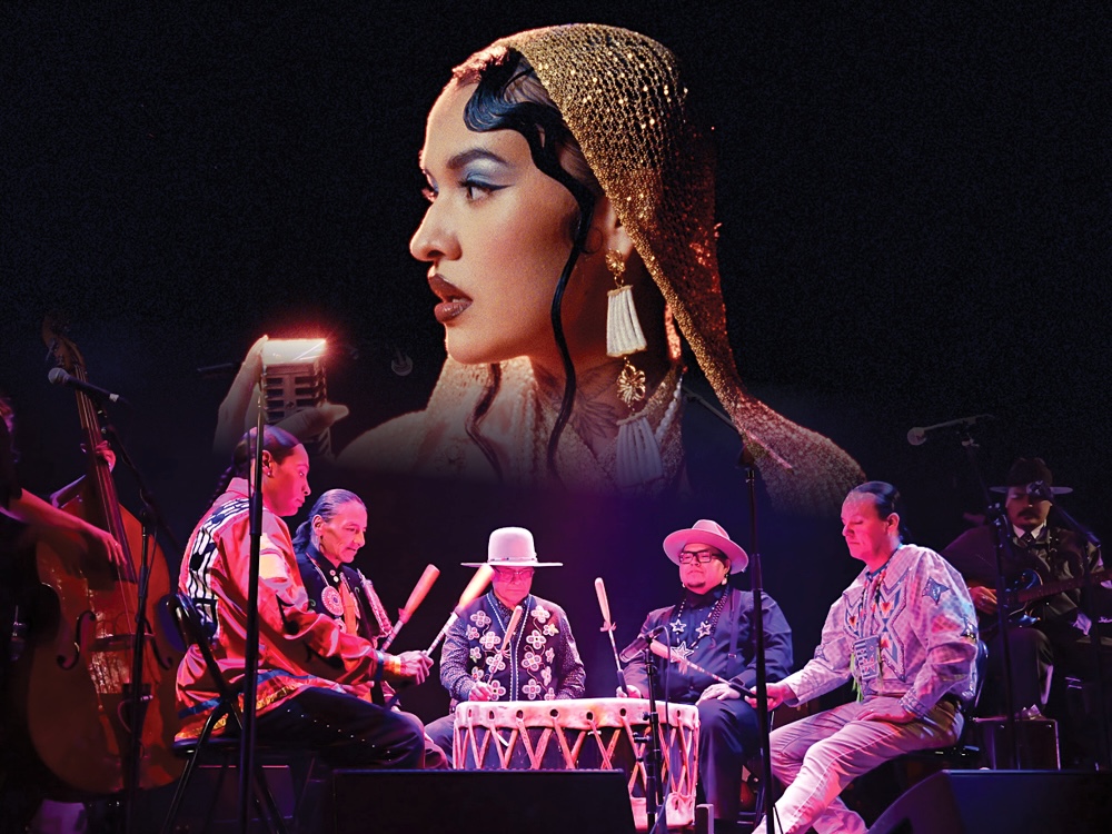 Below, powwow group Northern Cree drum onstage. Above them is an image of Tia Wood looking to the side.