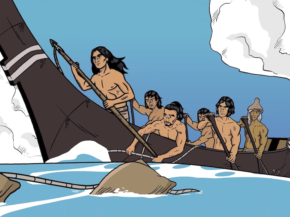 A digital illustration depicts several First Nations men paddling in a canoe against a blue background. Sandbags connected by rope float in the water next to them.