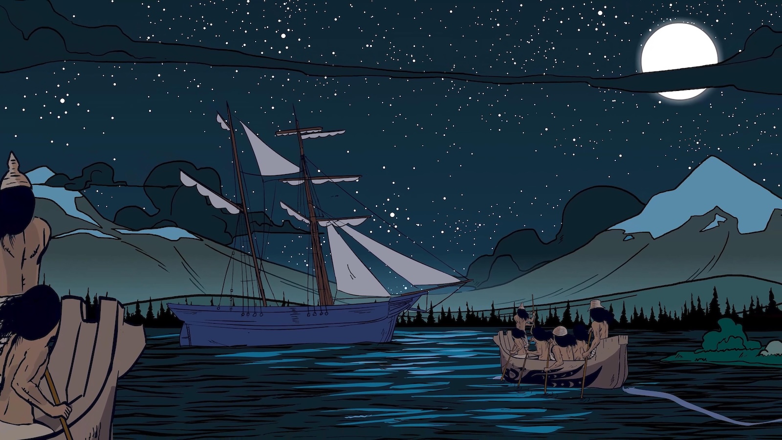 A still from an animated film features an outdoor scene at night. People in canoes approach a sailing ship docked in the water. Mountains and forests are in the background, and the dark sky above is speckled with stars.