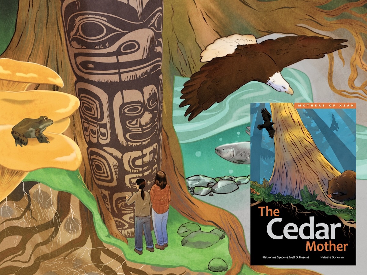 Illustrated people stand at the base of a carved cedar tree. From above, a bald eagle circles the forest floor. A book cover with the title &lsquo;The Cedar Mother&rsquo; sits in the corner of the illustration.