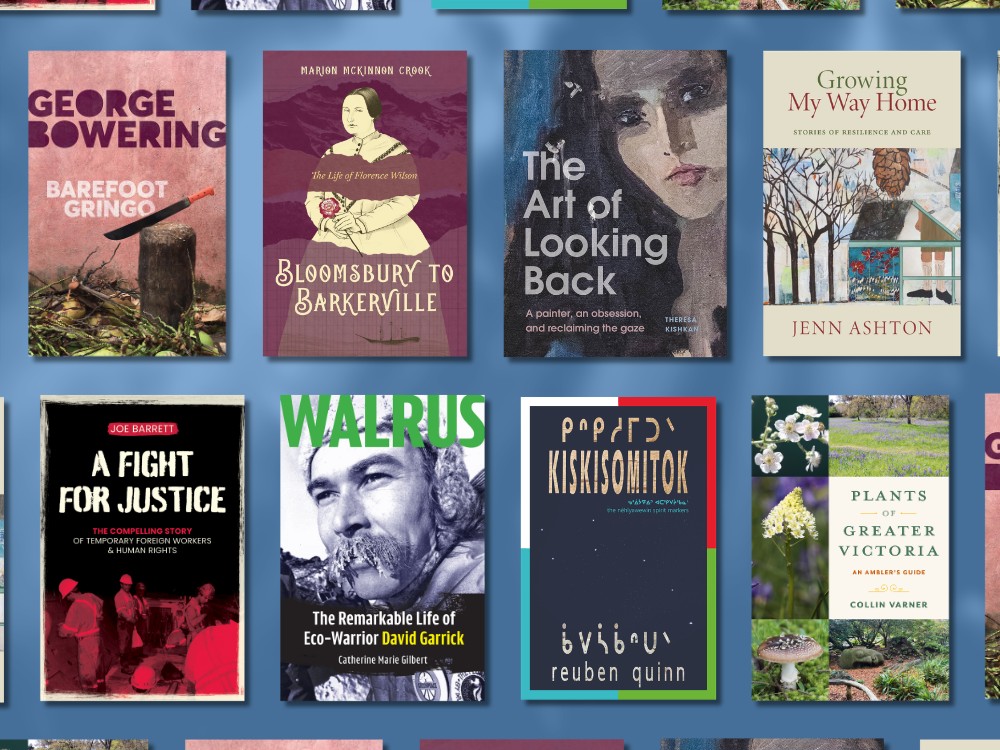A selection of eight local book covers appear against a blue-toned background.