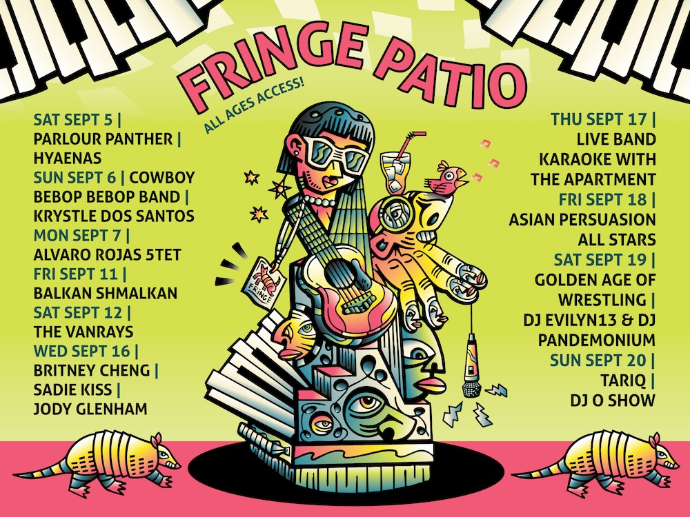 An illustration is flanked by the lineup of performances at the Fringe Patio, from Sept. 5 through Sept. 20.