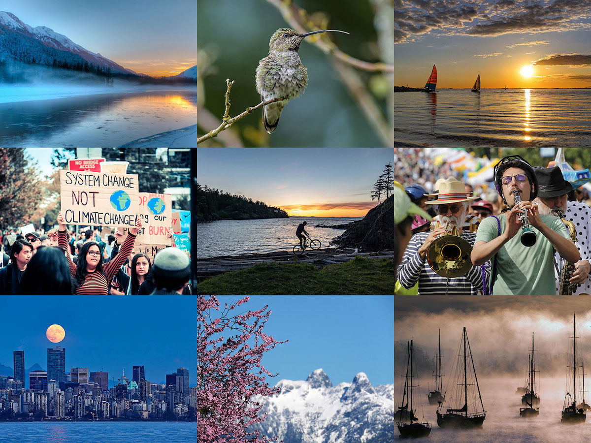 A collage of beautiful photos featuring landscapes, cityscape, mountains, a hummingbird and people.
