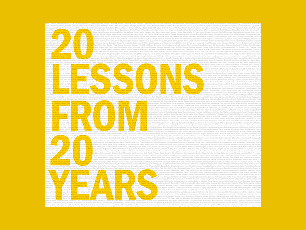 Yellow sans-serif typeface reads ’20 Lessons from 20 Years’ atop a deep yellow background. Faint grey names float in the background of the lettering.