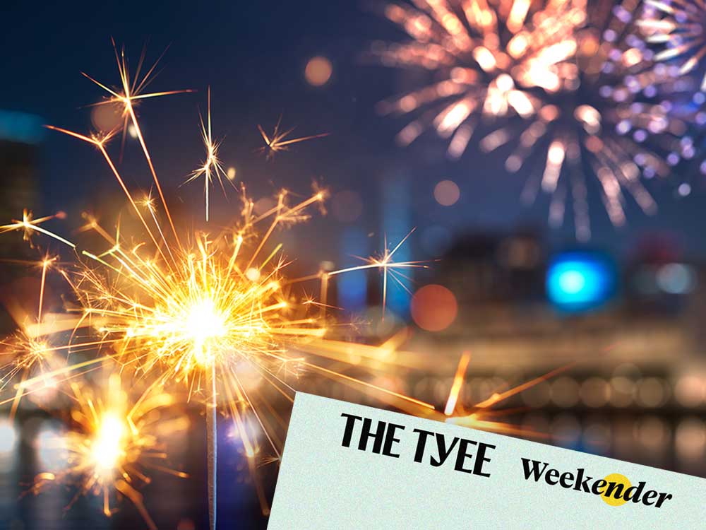 A bright sparkler burns in front of a night sky with fireworks in the background. At the bottom left, a floating sea-green box says 'The Tyee Weekender.'