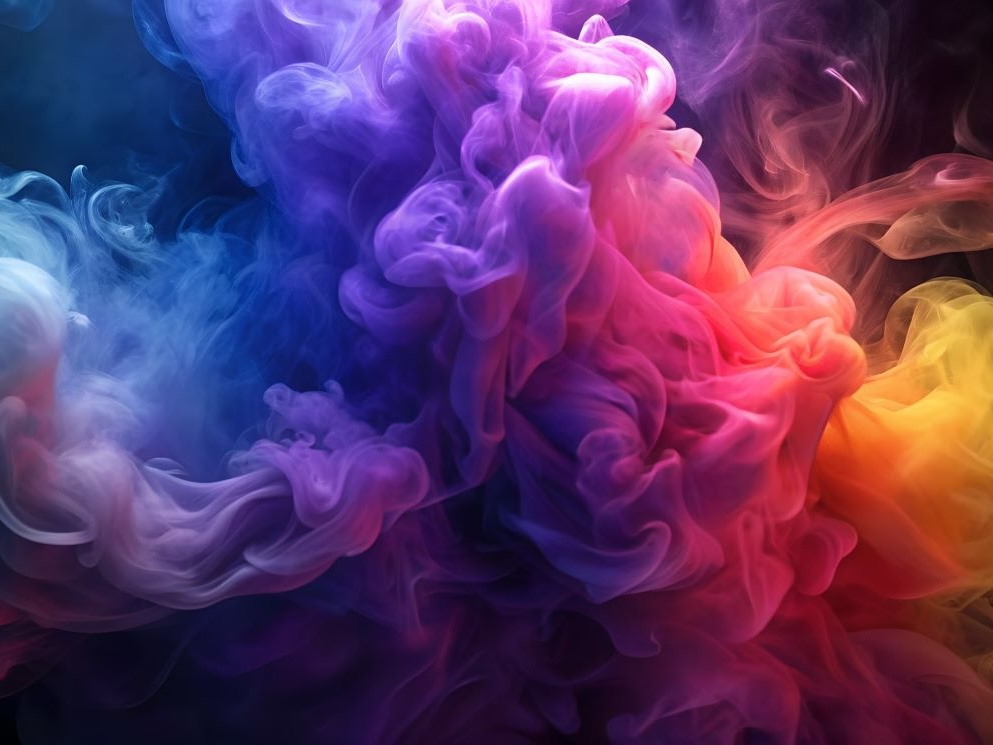 Prismatic tendrils of coloured smoke billow across the page: purple and blue shades are to the left of the frame, and they fade to pink, red and orange shades towards the right.