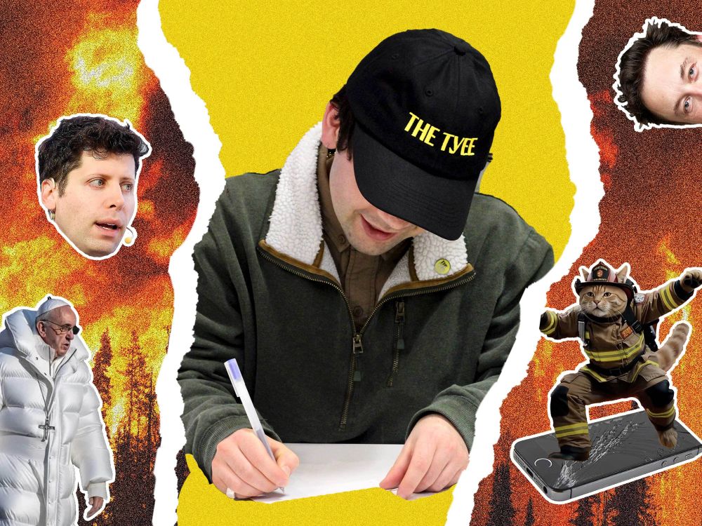 A collage shows a Tyee reporter writing while wearing a black hat with a yellow The Tyee logo, surrounded by the the heads of Sam Altman and Elon Musk, a fake image of the pope wearing a stylish white puffy coat and a pendant with a forest fire behind him, and a fake image of a cat riding a cellphone like a snowboard.