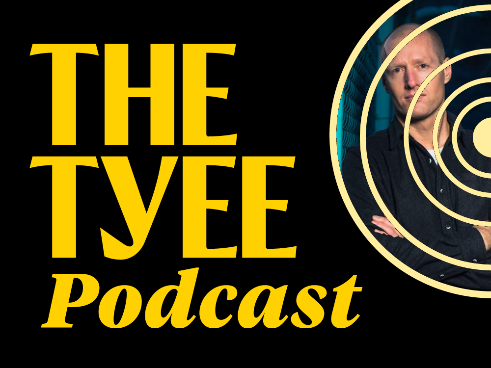 &lsquo;The Tyee podcast&rsquo; in yellow script with a circular white graphic to its right. Contained within the circles is Arno Kopecky&rsquo;s author headshot.