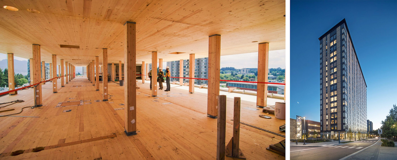 A split panel photo. The image on the left shows construction workers on the floor of a tower going up; everything around them, from the floor to the ceiling to the pillars, is wood. The image on the right shows a tall narrow building with lit up windows at dusk.