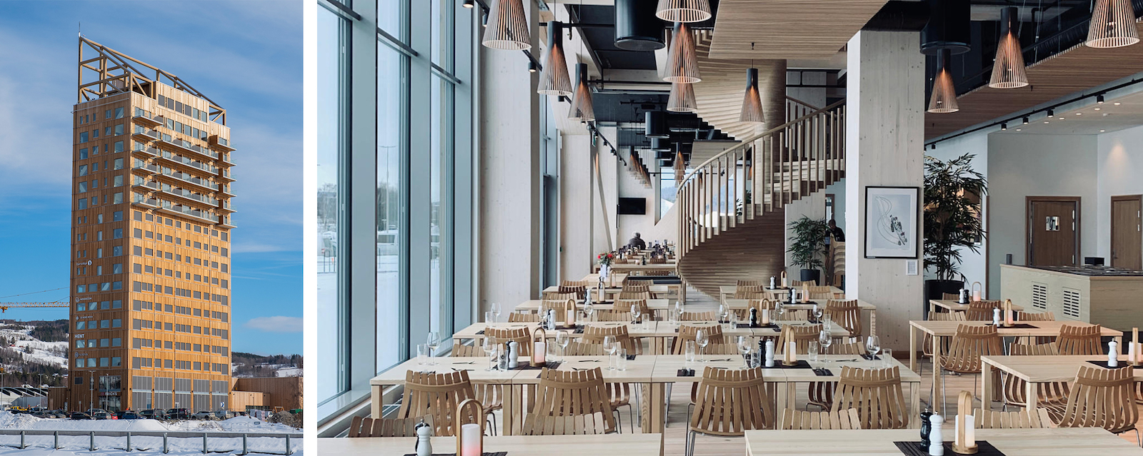 A split panel photo. In the image on the left, a wooden tower rises. In the image on the right, a dining room inside of that tower, with lots of wooden furniture.