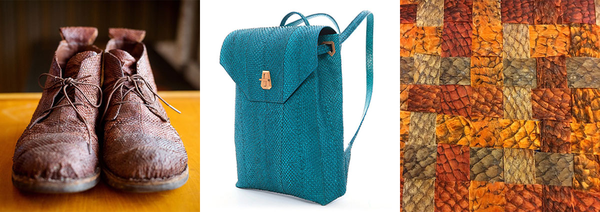 On the left, a pair of boots made of dark red salmon leather. Centre, a backpack made of turquoise-coloured fish leather. On the right, woven strips red, orange and brown fish leather.